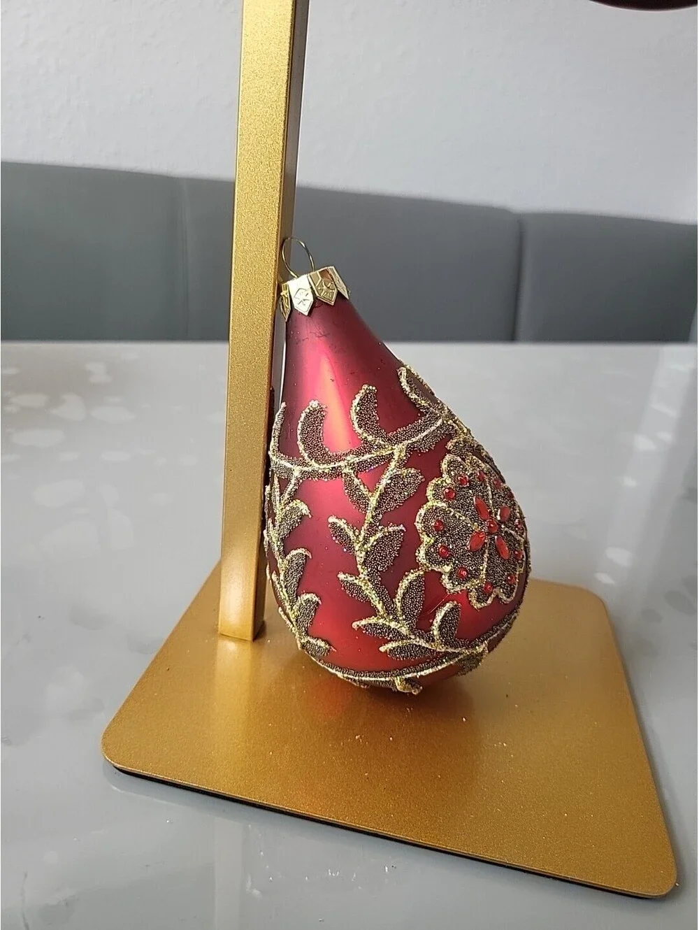 Vintage Set Mercury Glass Finial Red Gold Rhinestones Christmas Ornament 5.5